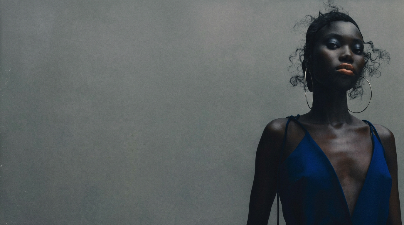 Woman in a dark blue dress against a gray backdrop