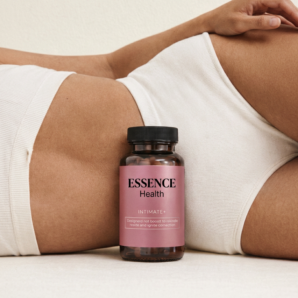 ESSENCE Health INTIMATE+ bottle concept beside a reclining person in white clothing