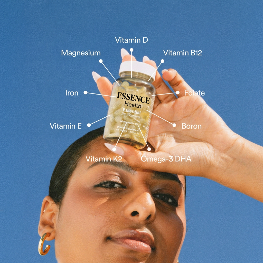 ESSENCE Health vitamin bottle concept with ingredient labels on a blue background