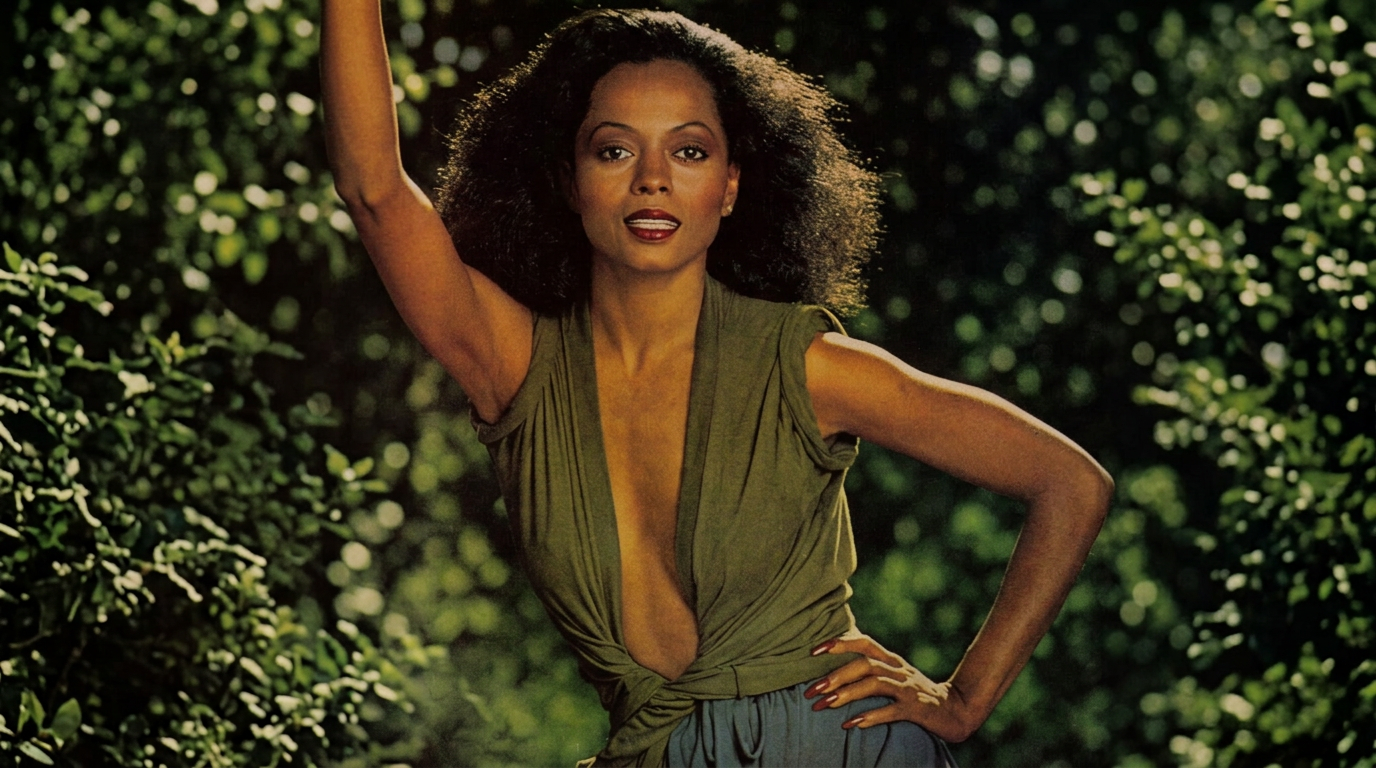 Vintage portrait of a woman in a green dress against foliage